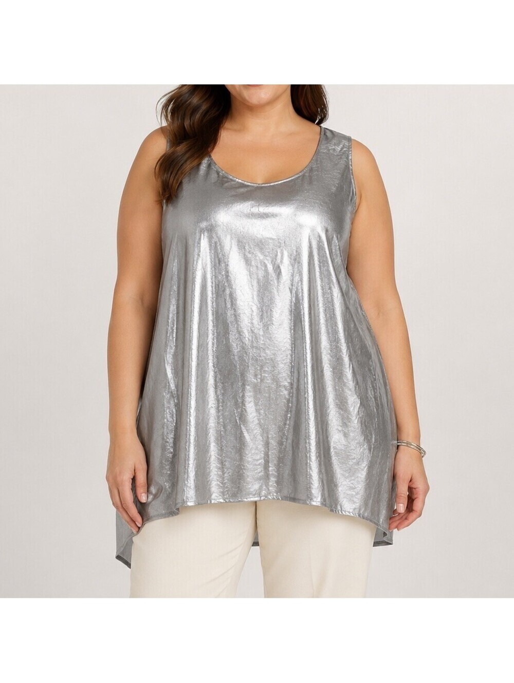 Vince Camuto Silver Metallic Tunic Blouse 1X Sleeveless Shimmer Party Top Boho